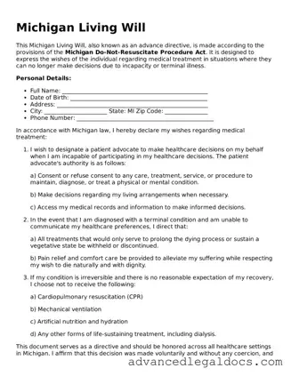 Fillable Living Will Form for Michigan State