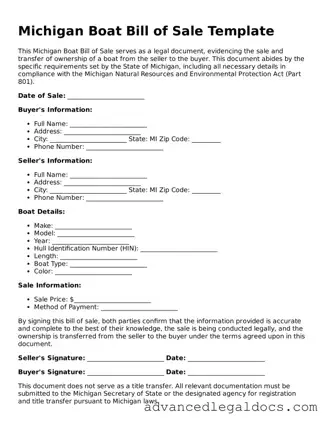 Fillable Boat Bill of Sale Form for Michigan State