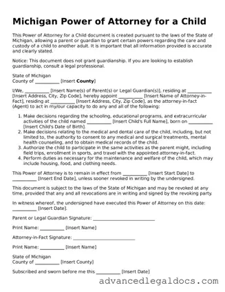 Fillable Power of Attorney for a Child Form for Michigan State