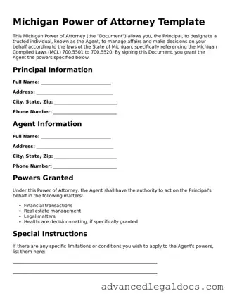 Fillable Power of Attorney Form for Michigan State