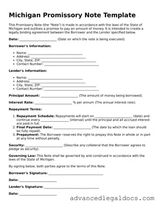 Fillable Promissory Note Form for Michigan State
