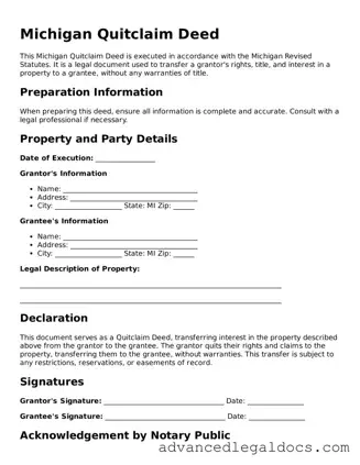 Fillable Quitclaim Deed Form for Michigan State