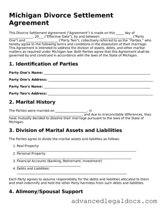 Fillable Divorce Settlement Agreement Form for Michigan State