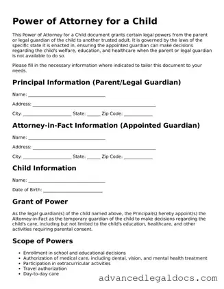 Blank Power of Attorney for a Child Template