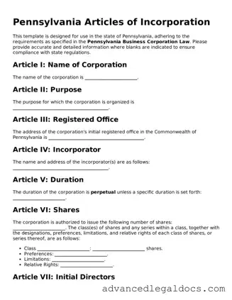 Fillable Articles of Incorporation Form for Pennsylvania State