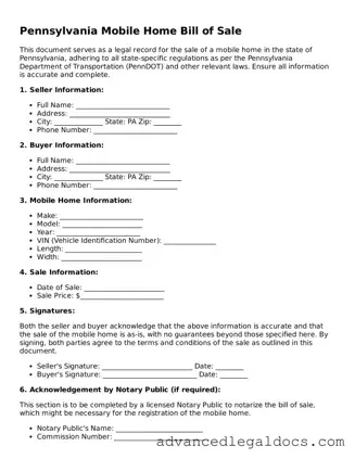 Fillable Mobile Home Bill of Sale Form for Pennsylvania State