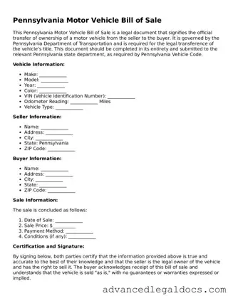 Fillable Motor Vehicle Bill of Sale Form for Pennsylvania State