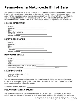 Fillable Motorcycle Bill of Sale Form for Pennsylvania State