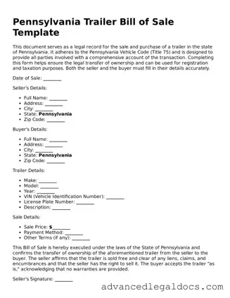 Fillable Trailer Bill of Sale Form for Pennsylvania State