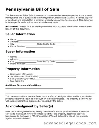 Fillable Bill of Sale Form for Pennsylvania State