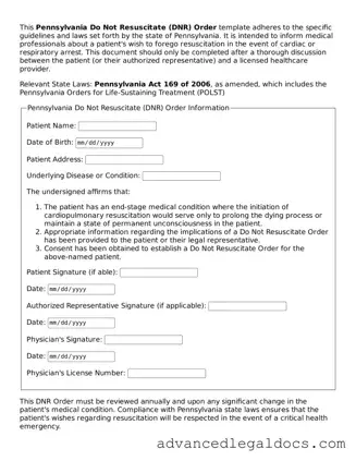 Fillable Do Not Resuscitate Order Form for Pennsylvania State