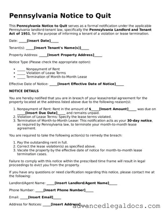 Fillable Notice to Quit Form for Pennsylvania State