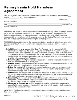 Fillable Hold Harmless Agreement Form for Pennsylvania State