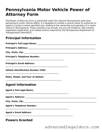 Fillable Motor Vehicle Power of Attorney Form for Pennsylvania State