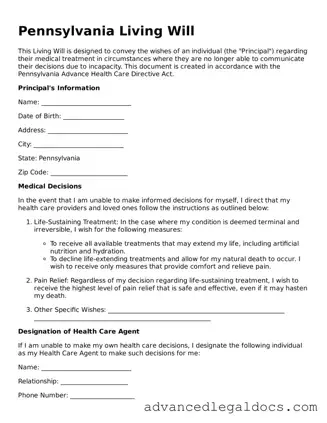 Fillable Living Will Form for Pennsylvania State