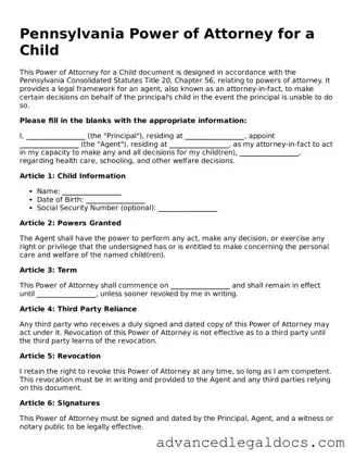 Fillable Power of Attorney for a Child Form for Pennsylvania State