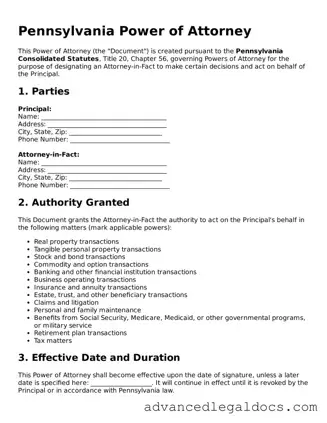 Fillable Power of Attorney Form for Pennsylvania State