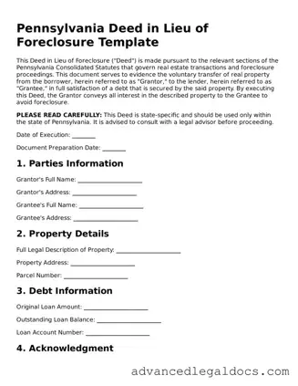 Fillable Deed in Lieu of Foreclosure Form for Pennsylvania State