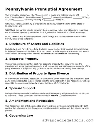 Fillable Prenuptial Agreement Form for Pennsylvania State