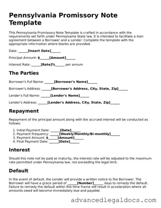 Fillable Promissory Note Form for Pennsylvania State