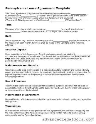 Fillable Lease Agreement Form for Pennsylvania State