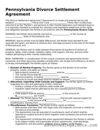 Fillable Divorce Settlement Agreement Form for Pennsylvania State