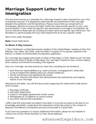 Blank Marriage Support Letter for Immigration Template