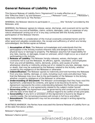 Blank Release of Liability Template