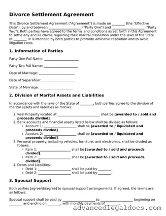 Blank Divorce Settlement Agreement Template