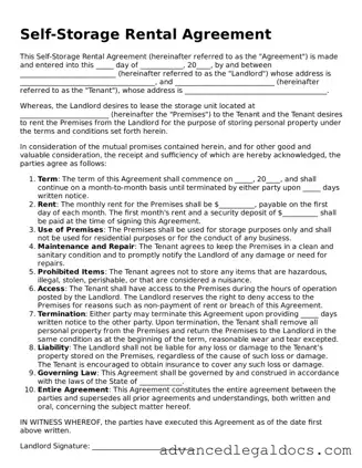 Blank Self-Storage Rental Agreement Template