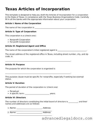 Fillable Articles of Incorporation Form for Texas State