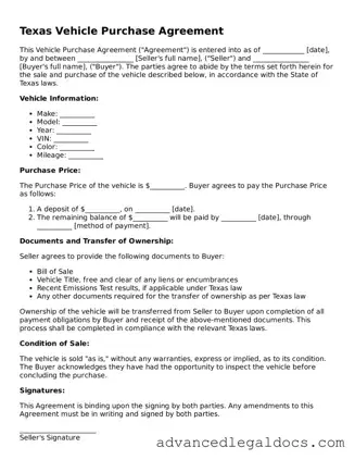 Fillable Vehicle Purchase Agreement Form for Texas State