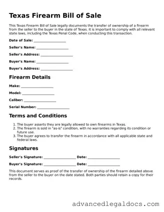 Fillable Firearm Bill of Sale Form for Texas State