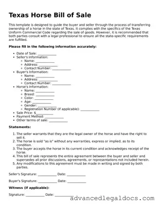 Fillable Horse Bill of Sale Form for Texas State
