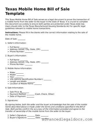 Fillable Mobile Home Bill of Sale Form for Texas State