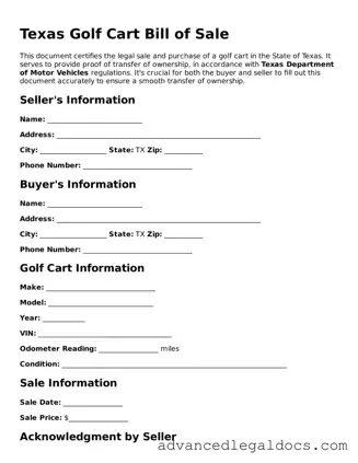 Fillable Golf Cart Bill of Sale Form for Texas State