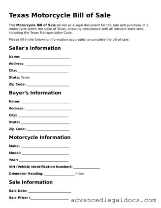 Fillable Motorcycle Bill of Sale Form for Texas State