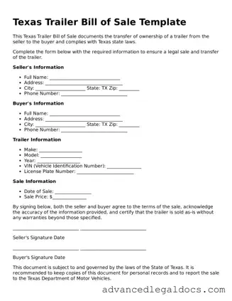Fillable Trailer Bill of Sale Form for Texas State