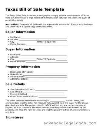 Fillable Bill of Sale Form for Texas State