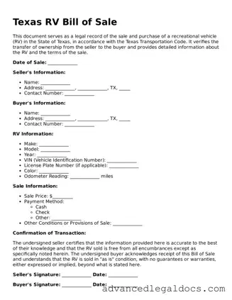 Fillable RV Bill of Sale Form for Texas State