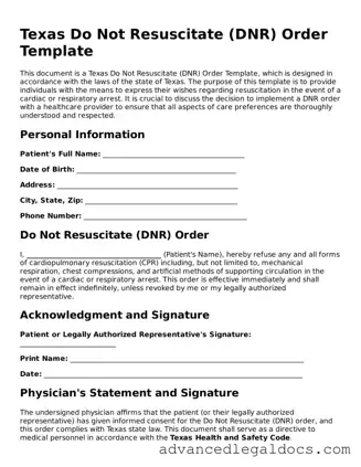 Fillable Do Not Resuscitate Order Form for Texas State