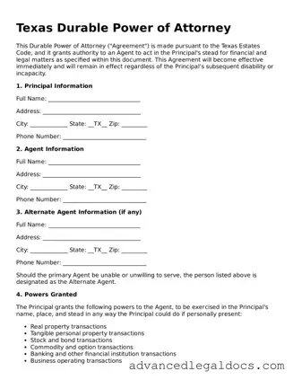 Fillable Durable Power of Attorney Form for Texas State