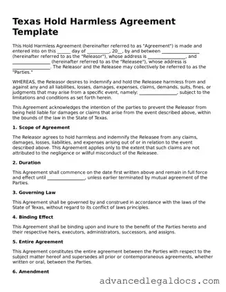 Fillable Hold Harmless Agreement Form for Texas State