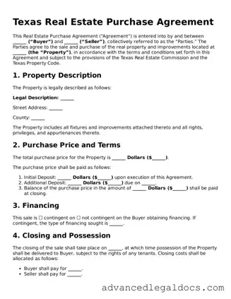 Fillable Real Estate Purchase Agreement Form for Texas State