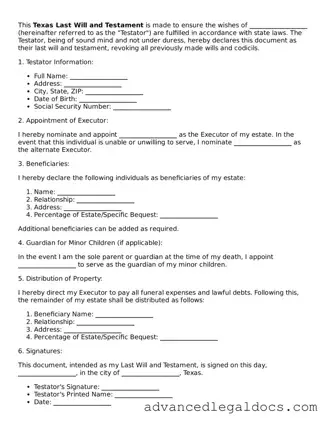 Fillable Last Will and Testament Form for Texas State