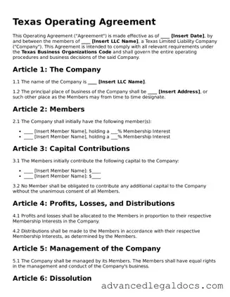 Fillable Operating Agreement Form for Texas State