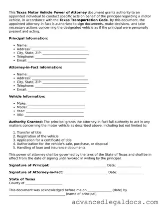 Fillable Motor Vehicle Power of Attorney Form for Texas State