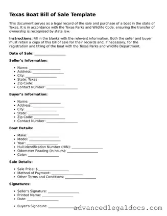 Fillable Boat Bill of Sale Form for Texas State