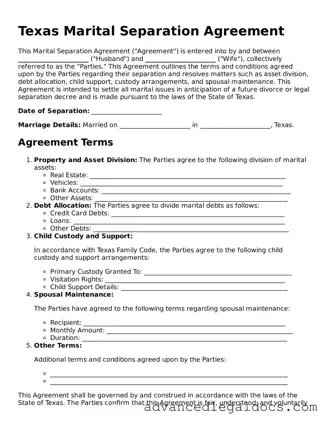 Fillable Marital Separation Agreement Form for Texas State