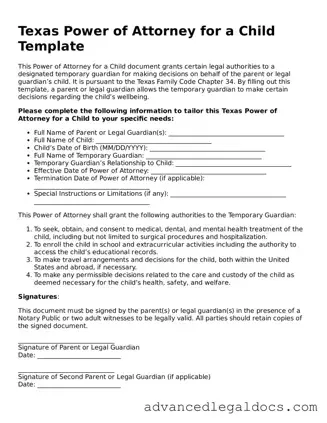 Fillable Power of Attorney for a Child Form for Texas State